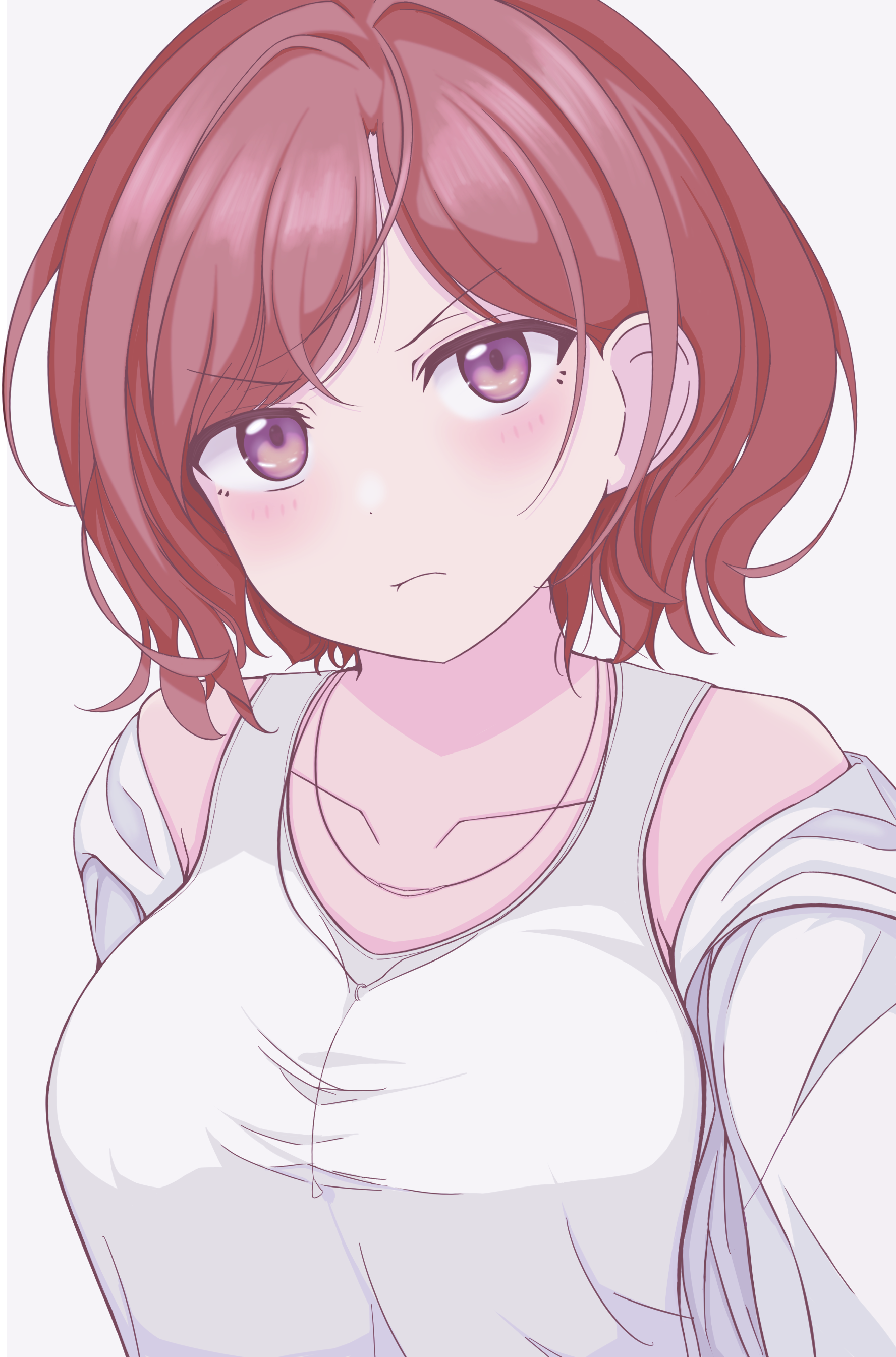 1girl absurdres breasts brown_hair closed_mouth collarbone gbr20210907 highres higuchi_madoka idolmaster idolmaster_shiny_colors looking_at_viewer medium_breasts mole mole_under_eye purple_eyes short_hair simple_background solo white_background