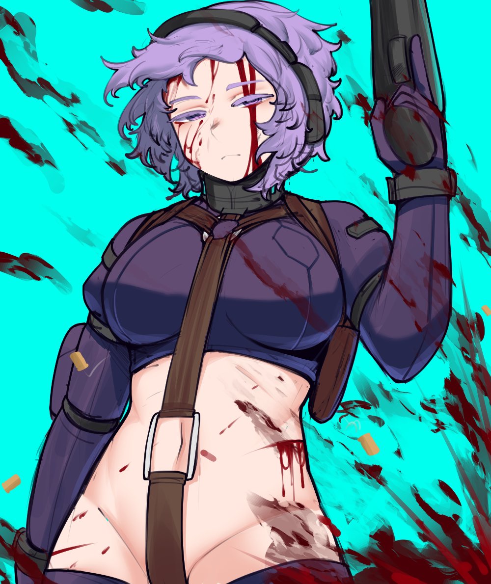 1girl arm_pouch armor beyond_citadel blood blood_on_body blood_on_clothes blood_on_face blood_splatter breasts collar cross_swimsuit crotch_strap gloves grey_collar gun holding holding_gun holding_weapon holster kelbhin large_breasts long_sleeves martyr_(the_citadel) navel purple_eyes purple_gloves purple_hair purple_thighhighs revealing_clothes short_hair shoulder_holster sleeve_pouch solo swimsuit the_citadel thighhighs weapon