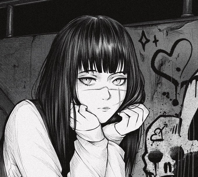 1girl black_hair chainsaw_man graffiti greyscale heart marvin_(omarvin) monochrome ringed_eyes scar scar_on_face skull solo_focus sweater yoru_(chainsaw_man)