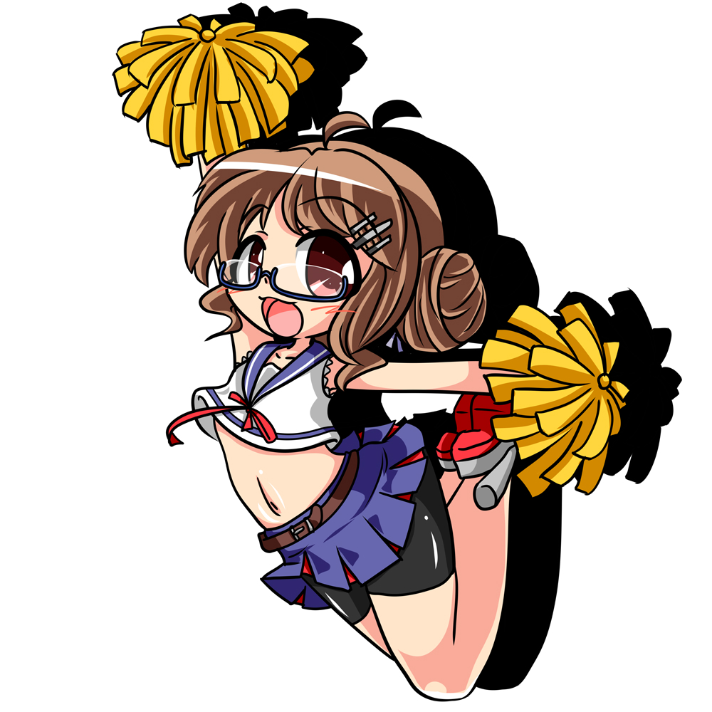 azur_lane bike_shorts black_shorts blue-framed_eyewear blue_sailor_collar blue_skirt brown_eyes brown_hair cheerleader chibi cropped_shirt full_body glasses hair_bun looking_at_viewer mojapy navel pleated_skirt pom_pom_(cheerleading) raleigh_(azur_lane) sailor_collar semi-rimless_eyewear shirt shorts simple_background skirt sleeveless sleeveless_shirt stomach white_background white_shirt