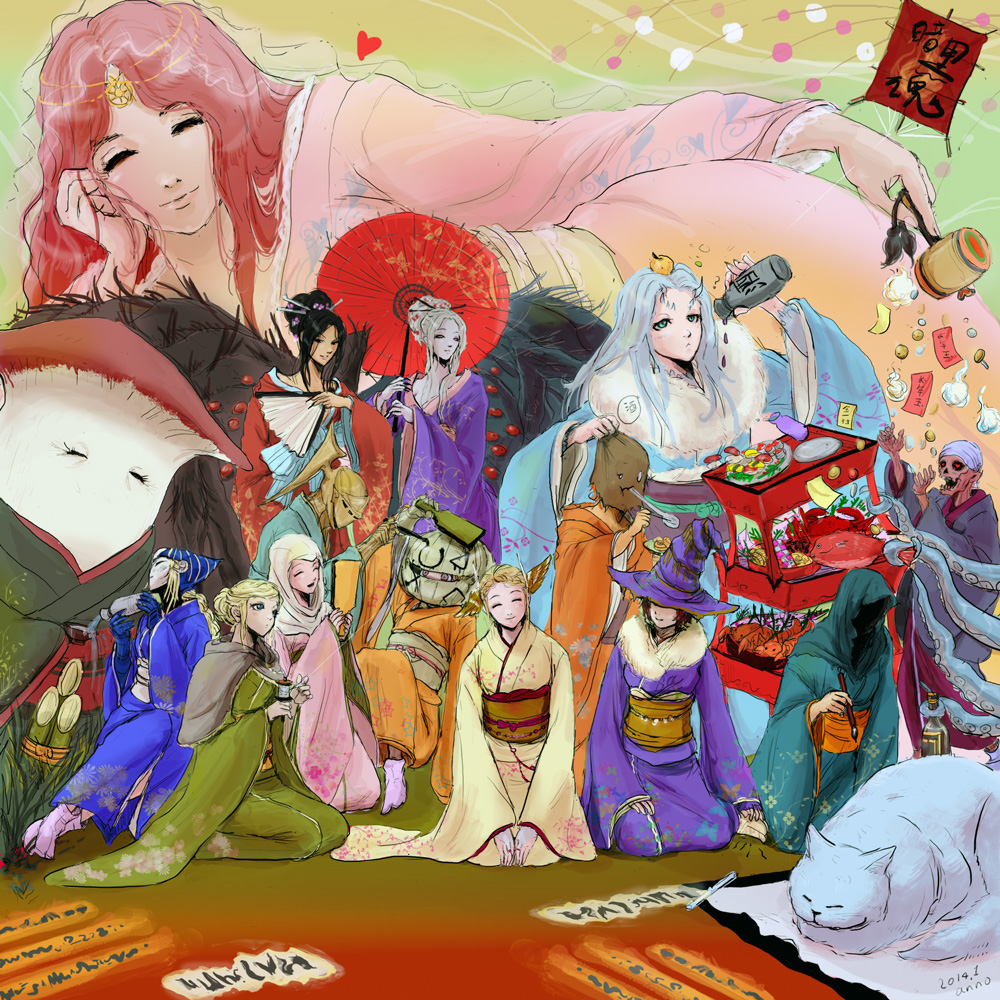 2014 6+girls alcohol alvina_of_the_darkroot_wood anastacia_of_astora animal bamboo black_hair blonde_hair blue_eyes blush bottle braid breasts brown_hair calligraphy_brush cat chaos_witch_quelaag closed_eyes dark_souls_(series) dark_souls_i darkmoon_knightess drinking drunk dumpling dusk_of_oolacile eating elizabeth_(dark_souls) everyone fish food fruit gauntlets giant giantess hand_fan hat heart helm helmet hood japanese_clothes kimono kite knight lobster lord&#039;s_blade_ciaran maneater_mildred matsurika_spica monster_girl multiple_girls mushroom mushroom_parent new_year oversized_animal paintbrush parasol pisaca_(dark_souls) priscilla_the_crossbreed queen_of_sunlight_gwynevere quelaag&#039;s_sister quelaana_of_izalith rhea_of_thorolund sack sake sake_bottle sandals sieglinde_of_catarina sign sleeping smile tentacles tokkuri umbrella undead_merchant_(female) veil white_hair witch witch_beatrice witch_hat