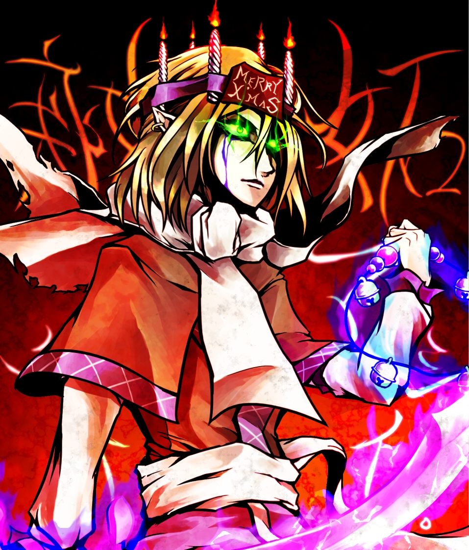 1girl arm_warmers blonde_hair brown_shirt candle closed_mouth expressionless glowing glowing_eyes green_eyes hairband hashihime merry_christmas mizuhashi_parsee pointy_ears purple_hairband red_background ryuuichi_(f_dragon) sash scarf shirt short_hair short_sleeves solo touhou upper_body white_sash white_scarf