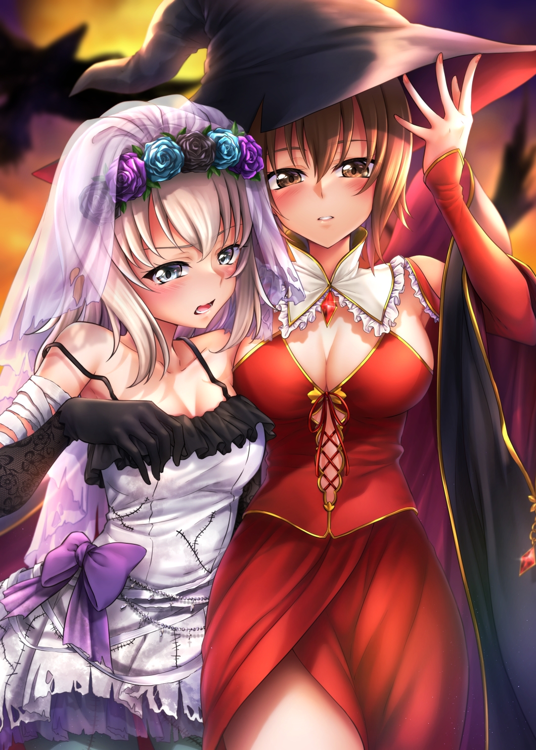 2girls adjusting_clothes adjusting_headwear arm_around_shoulder bandaged_arm bandages black_flower black_gloves black_rose blue_eyes blue_flower blue_rose bow breasts bridal_veil brooch brown_eyes brown_hair cleavage commentary detached_collar dress dress_bow elbow_gloves flower frilled_dress frills frown girls_und_panzer girls_und_panzer_senshadou_daisakusen! gloves grey_hair hair_flower hair_ornament half-closed_eyes halloween halloween_costume hat high_collar highres itsumi_erika jewelry large_breasts long_sleeves looking_at_viewer medium_breasts medium_hair mini_dang01 multiple_girls nishizumi_maho official_alternate_costume open_mouth parted_lips purple_bow purple_flower purple_rose red_dress rose short_dress short_hair side-by-side spaghetti_strap standing torn_clothes torn_dress veil white_dress witch_hat