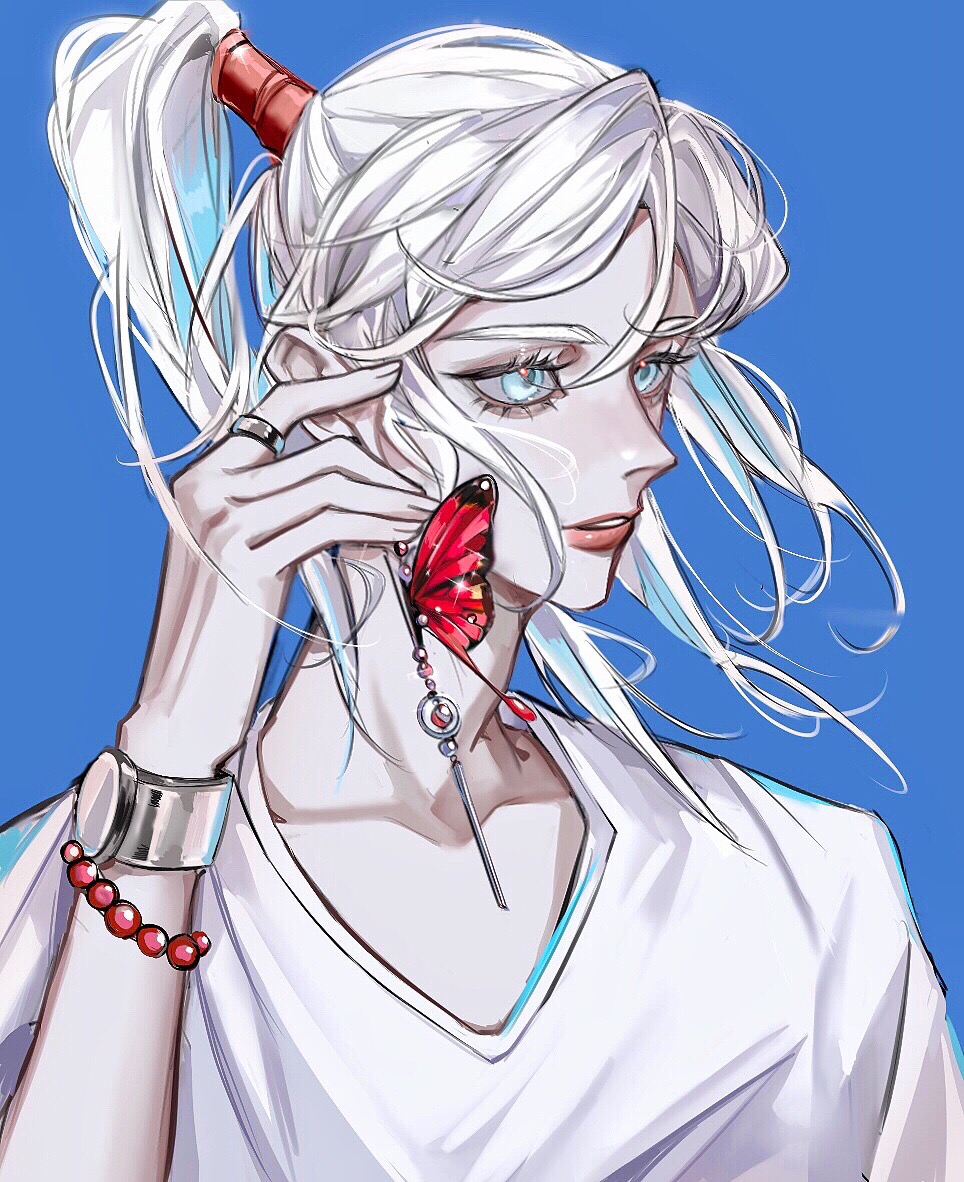 1girl aqua_eyes blue_background bracelet bug butterfly butterfly_earrings clock collarbone earrings from_side high_ponytail insect jewelry long_hair ponytail prophet_of_water red_butterfly ring shirt sky:_children_of_the_light solo white_shirt xiaoniaodenanpiao