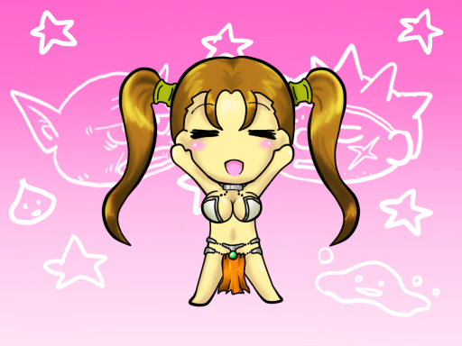 1girl 2boys alternate_costume bikini blush breasts bubble_slime chibi chunsoft colored_skin cosplay dancer&#039;s_costume_(dq) dragon_quest dragon_quest_iv dragon_quest_viii enix facing_viewer full_body gradient_background green_skin jessica_albert king_trode large_breasts loincloth manya_(cosplay) manya_(dq4) medium_breasts multiple_boys pink_background pointy_ears slime_(dragon_quest) square_enix swimsuit trode yangus