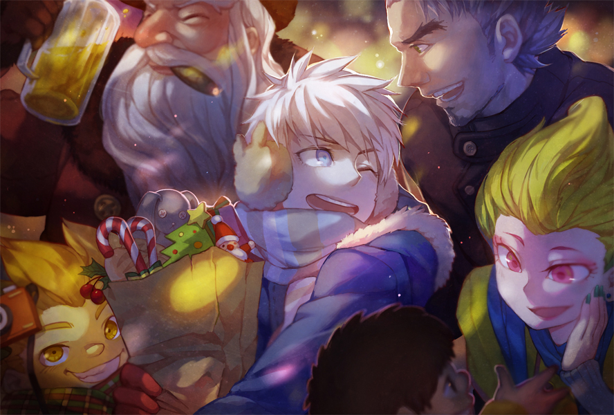 1girl 6+boys alcohol animification bag beard beard_stubble beer beer_mug black_coat blonde_hair blue_coat blue_eyes blue_scarf blue_sleeves bow buttons camera candy candy_cane character_request cherry child christmas christmas_tree cigar coat collared_coat commentary cookie cup drink earmuffs english_commentary eyelashes eyeshadow facial_hair food fruit fur-trimmed_hood fur_trim gift gloves green_bow green_coat green_hair green_nails green_scarf grin hand_on_own_cheek hand_on_own_face happy high_collar holding holding_bag holding_camera holding_drink hood hood_down hooded_coat jack_frost_(rise_of_the_guardians) light_particles lipstick long_sleeves makeup mug multiple_boys nail_polish nicholas_st_north night one_eye_closed open_clothes open_coat open_mouth outdoors paper_bag pink_eyes pink_eyeshadow plaid_clothes plaid_scarf red_coat red_gloves red_lips rise_of_the_guardians sandman_(rise_of_the_guardians) scarf shirt short_hair sleeves_past_wrists smile smoke smoking striped_clothes striped_scarf stubble stuffed_animal stuffed_rabbit stuffed_toy teeth thick_eyebrows tooth_fairy_(rise_of_the_guardians) turdidae white_hair white_shirt white_sleeves winter_clothes