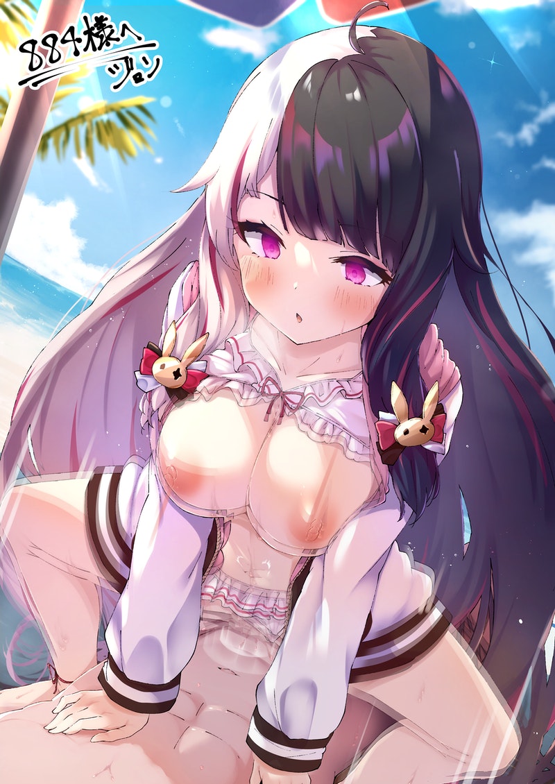 yorumi_rena hentai jon (pixiv31559095), yorumi rena, yorumi rena (7th costume), nijisanji,  1boy, 1girl, afterimage, ahoge, beach, bikini, black hair, blush, breasts,  clothed female nude male, cowgirl position, day, hetero, hood, hoodie,  hypnosis, large breasts,