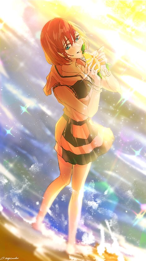 1girl bare_shoulders barefoot beach blush commentary_request fingernails green_eyes grin holding hood hood_down hooded_jacket jacket jewelry kairi_(kingdom_hearts) kingdom_hearts kingdom_hearts_iii looking_at_viewer necklace nogiasobo official_alternate_costume paopu_fruit pink_jacket red_hair short_hair sleeveless smile solo tearing_up twitter_username water