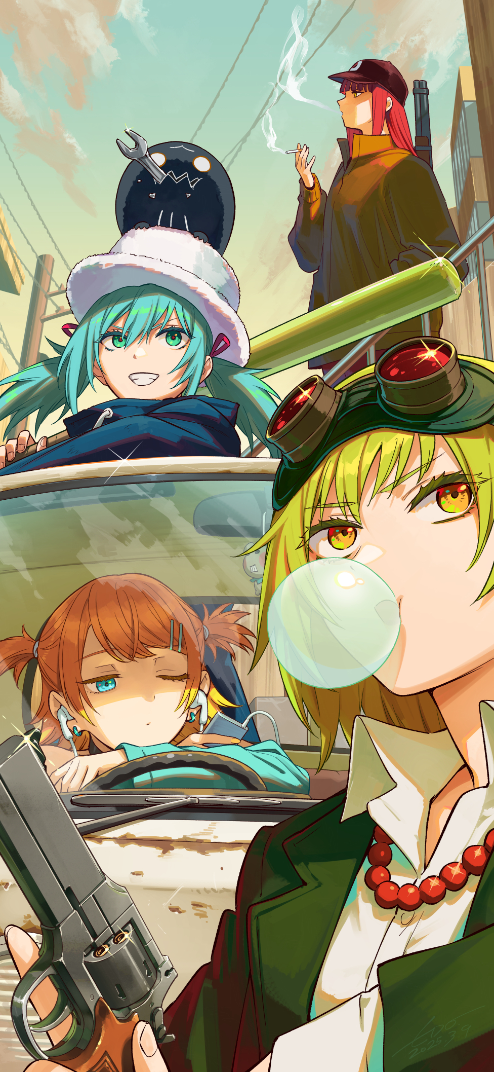 4girls baseball_bat baseball_cap blonde_hair blue_eyes blue_sky bubble car chewing_gum cigarette cloud collared_shirt colored_eyelashes commentary creature_on_head donut_hole_(vocaloid) earphones from_below goggles goggles_on_head green_eyes green_hair grin gumi gun hat hatsune_miku highres holding holding_baseball_bat holding_cigarette holding_gun holding_weapon jacket kagamine_rin long_hair megurine_luka motor_vehicle multiple_girls one_eye_closed outdoors pink_hair profile shirt short_hair sky smile smoking sparkle teeth twintails two_side_up vocaloid weapon wedo yellow_eyes