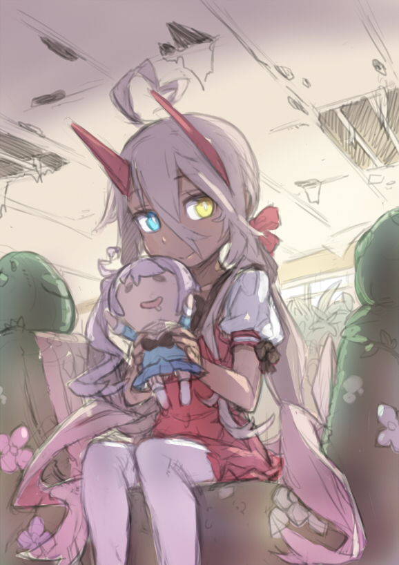 1girl ahoge azur_lane blue_eyes character_doll closed_mouth commentary_request dark-skinned_female dark_skin doll feet_out_of_frame hair_between_eyes heart heart_ahoge heterochromia holding holding_doll horns indianapolis_(at_school_with_my_sister...)_(azur_lane) indianapolis_(azur_lane) long_hair looking_to_the_side nekomanma-sensei pink_hair portland_(azur_lane) puffy_short_sleeves puffy_sleeves red_horns red_skirt retrofit_(azur_lane) school_uniform serafuku shirt short_sleeves sitting skirt smile solo thighhighs twintails very_long_hair white_shirt white_thighhighs yellow_eyes