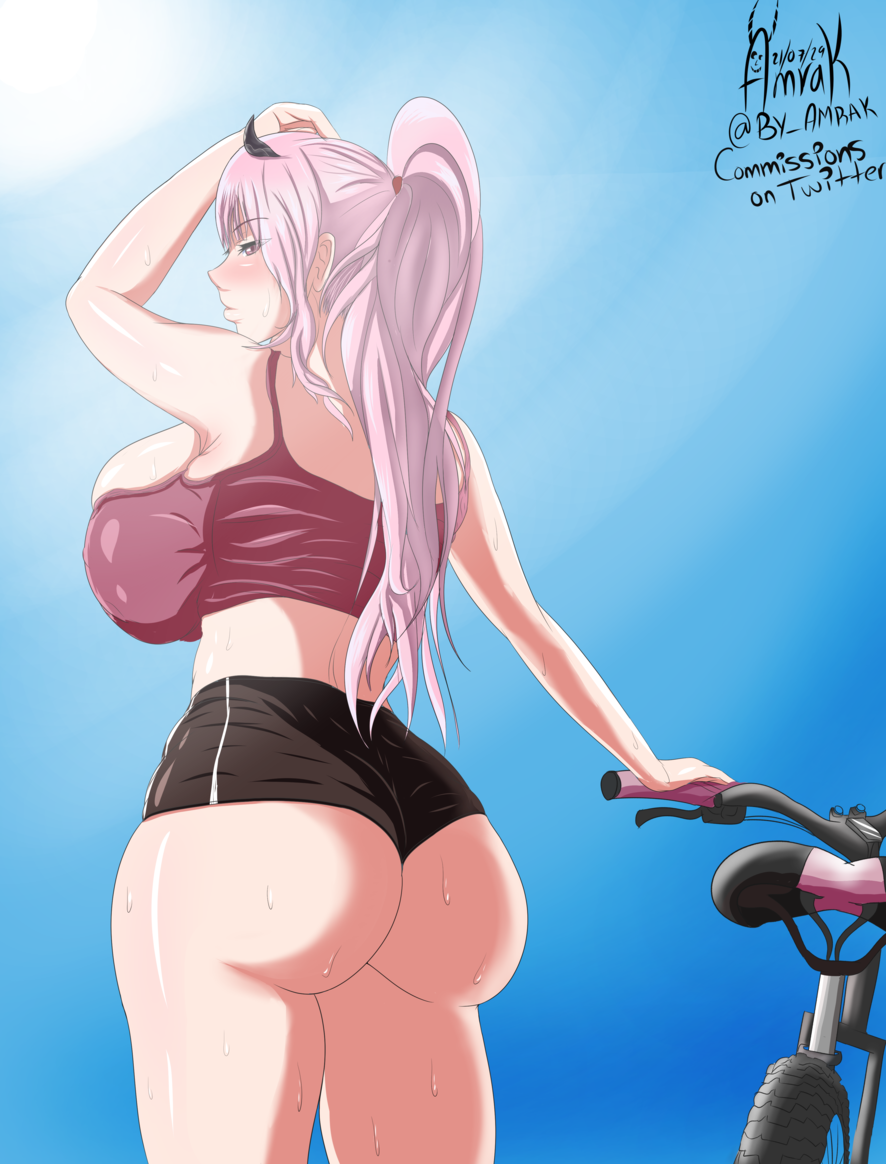 1girl amrak artist_name ass bare_shoulders bicycle blush breasts hololive hololive_english huge_ass large_breasts long_hair looking_at_viewer looking_back mori_calliope pink_eyes pink_hair ponytail short_shorts shorts sleeveless solo sweat thighs virtual_youtuber