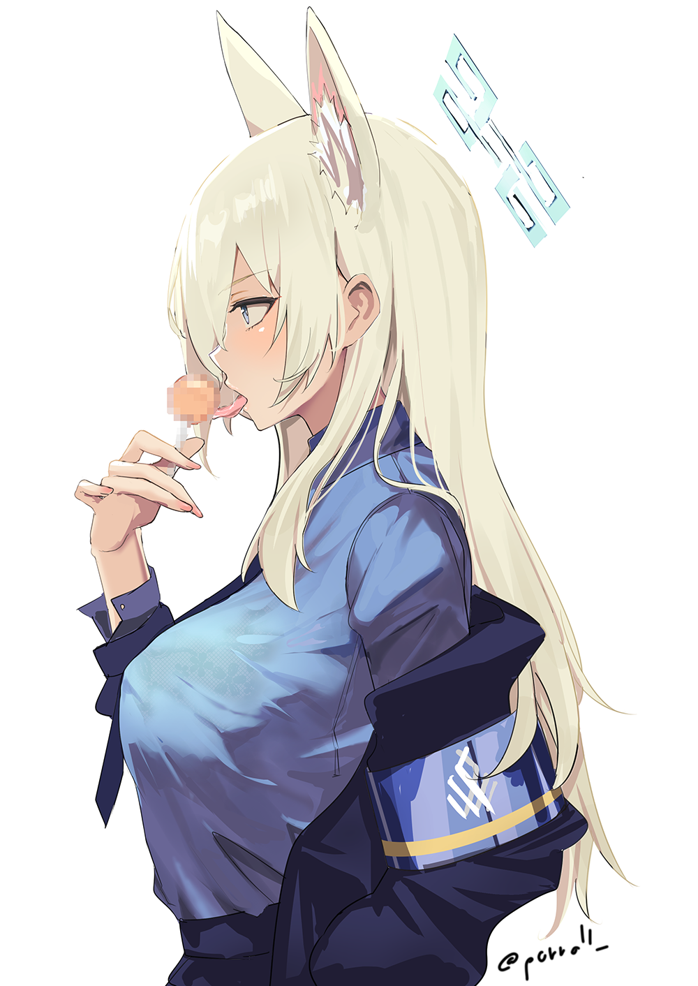 1girl animal_ears armband blonde_hair blue_archive blue_jacket blue_shirt bra_visible_through_clothes breasts candy censored extra_ears food fox_ears from_side halo highres holding holding_candy holding_food jacket jacket_partially_removed kanna_(blue_archive) large_breasts licking lollipop long_hair looking_ahead mosaic_censoring porroll profile shirt simple_background solo tongue tongue_out twitter_username very_long_hair white_background
