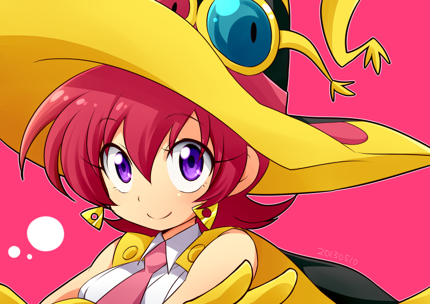1girl 2013 dated earrings female_focus feylin hat jewelry looking_at_viewer necktie pink_background purple_eyes red_hair short_hair smile solo sunglasses take_no_ko tanken_driland witch_hat