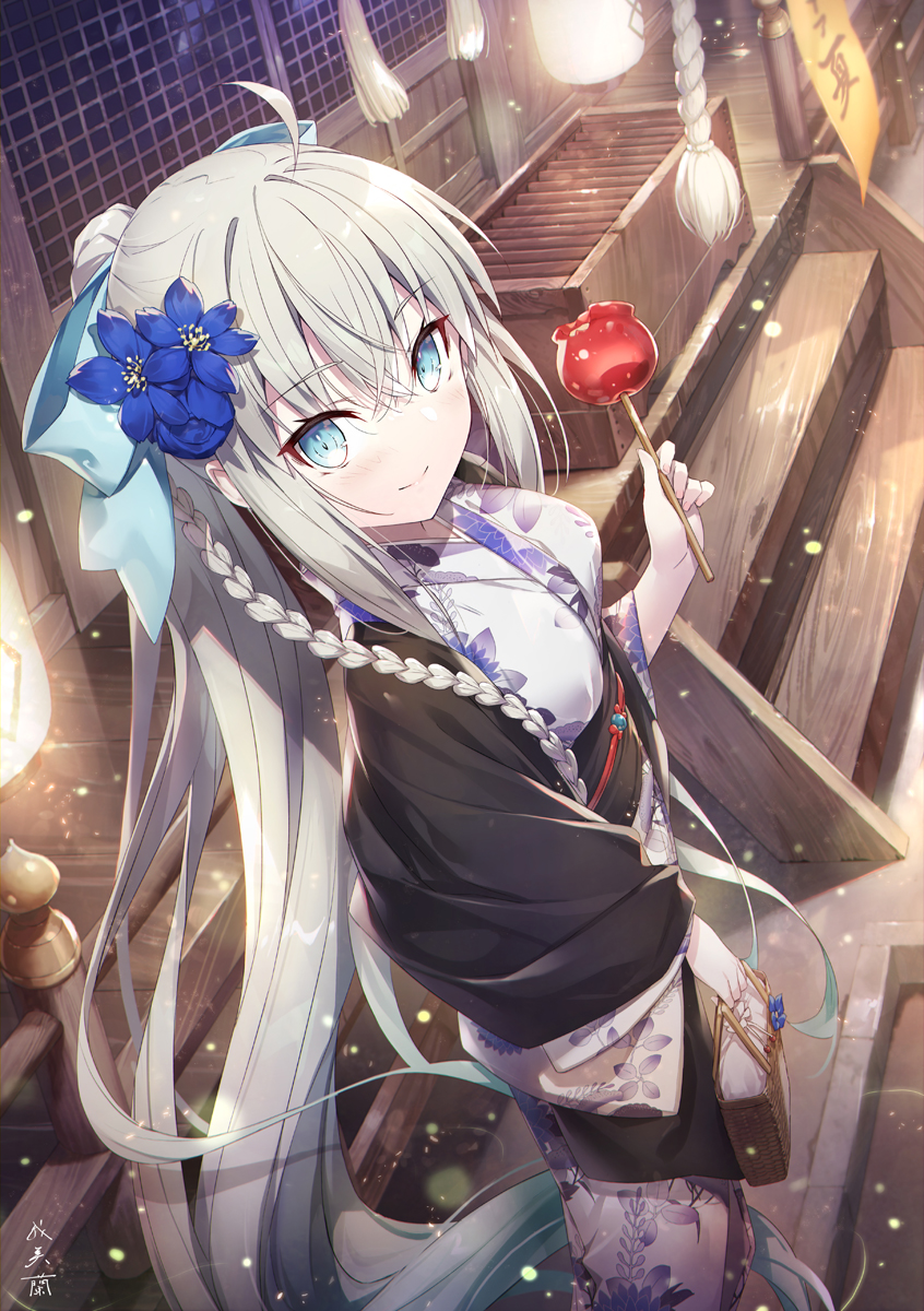 1girl ahoge basket black_kimono blue_eyes bow box braid breasts candy_apple donation_box fate/grand_order fate_(series) floral_print flower food gabiran grey_hair hair_bow hair_flower hair_ornament highres japanese_clothes kimono large_breasts layered_clothes layered_kimono long_hair long_sleeves looking_at_viewer morgan_le_fay_(fate) morgan_le_fay_(fgo_fes._2023)_(fate) obi ponytail sash sidelocks smile solo very_long_hair white_kimono wide_sleeves