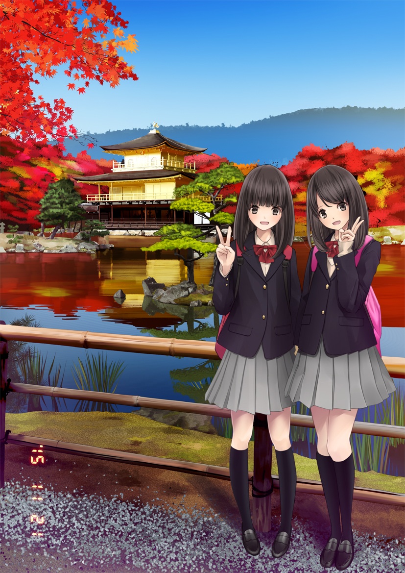2girls architecture autumn autumn_leaves bad_id bad_nicoseiga_id chikuwa_(glossymmmk) chikuwa_(odennabe) day east_asian_architecture hill kinkaku-ji kyoto leaf multiple_girls original outdoors pond real_world_location school_uniform siblings sisters sky travel tree twins v water
