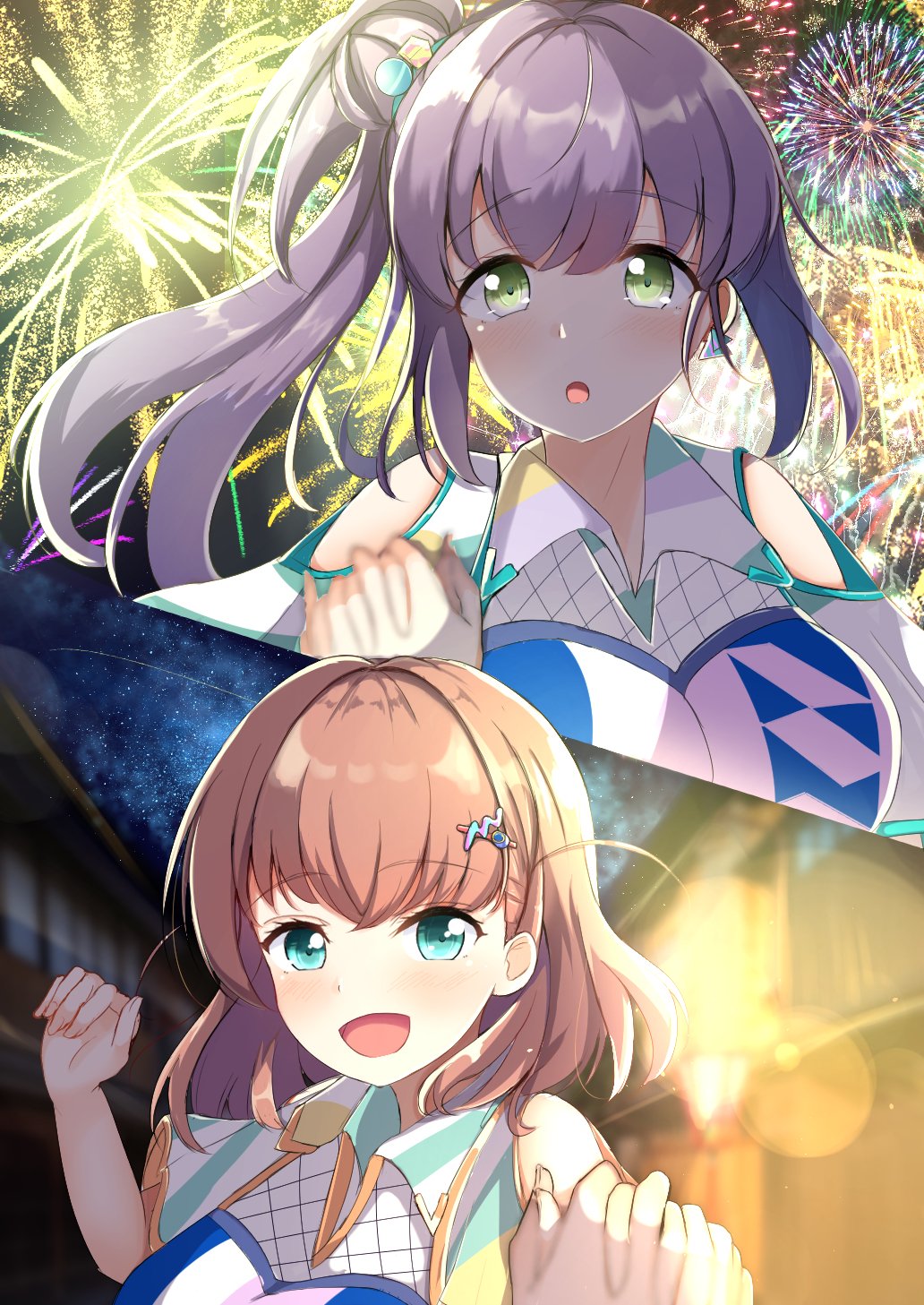 2girls :d :o aerial_fireworks blue_eyes blush cerise_bouquet commentary_request crossed_bangs cube_hair_ornament fireworks genyo_yako green_eyes hair_bun hair_ornament hairclip highres hinoshita_kaho holding_hands interlocked_fingers kaudon link!_like!_love_live! long_hair love_live! medium_hair multiple_girls official_alternate_costume open_mouth orange_hair otomune_kozue purple_hair side_ponytail sidelocks single_side_bun smile two_side_up virtual_youtuber