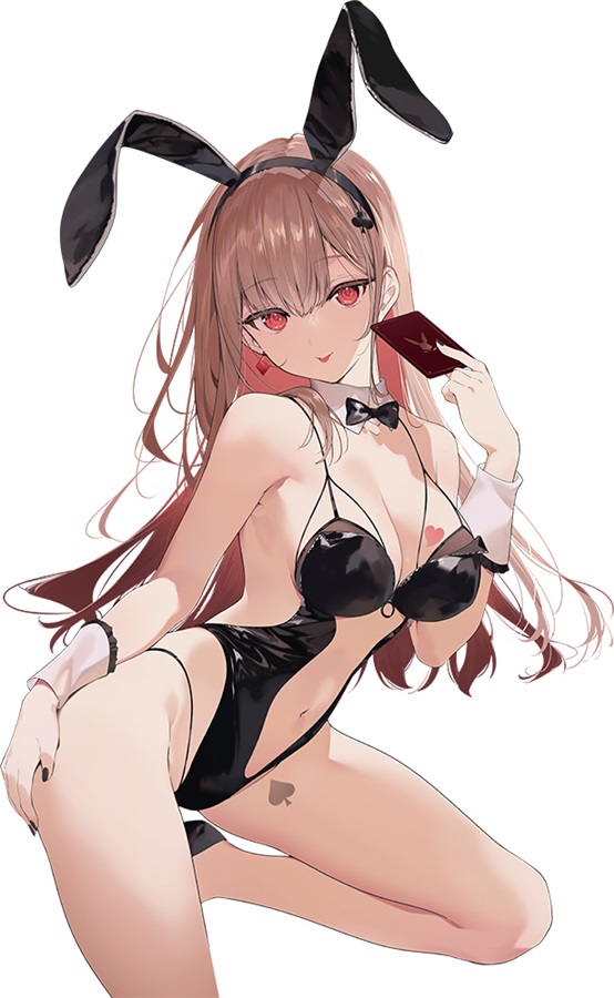 1girl animal_ears bare_legs bare_shoulders black_hairband black_leotard bow bowtie breasts brown_hair card center_opening cleavage closed_mouth colored_inner_hair detached_collar earrings fake_animal_ears hairband hand_on_own_hip hand_up highleg highleg_leotard holding holding_card jewelry leg_tattoo leg_up leotard long_hair looking_at_viewer medium_breasts multicolored_hair nail_polish navel necomi original pink_hair playboy_bunny rabbit_ears red_eyes sideless_leotard simple_background smile solo spaghetti_strap stomach tattoo thighs tongue tongue_out two-tone_hair white_background wrist_cuffs