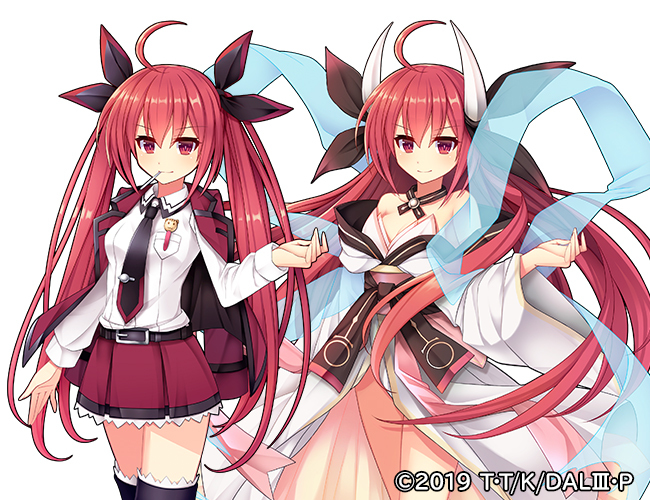 1girl ahoge black_choker black_ribbon bow bowtie breasts candy choker date_a_live detached_sleeves dress edamame_senpai food horns itsuka_kotori medium_breasts official_art red_eyes red_hair red_skirt ribbon skirt smile vivid_army white_dress