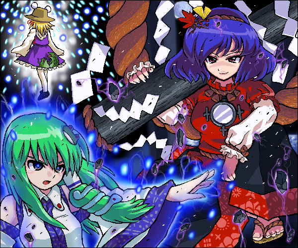 3girls blue_aura danmaku detached_sleeves facing_away floating_rock frog frog_hair_ornament glowing green_hair hair_ornament hair_tubes johnnie kochiya_sanae layered_sleeves leaf_hair_ornament long_sleeves looking_to_the_side mirror moriya_suwako mountain_of_faith multiple_girls nontraditional_miko onbashira outline purple_hair purple_skirt rope shimenawa short_over_long_sleeves short_sleeves single_hair_tube sitting skirt skirt_set snake snake_hair_ornament touhou white_outline wide_sleeves yasaka_kanako