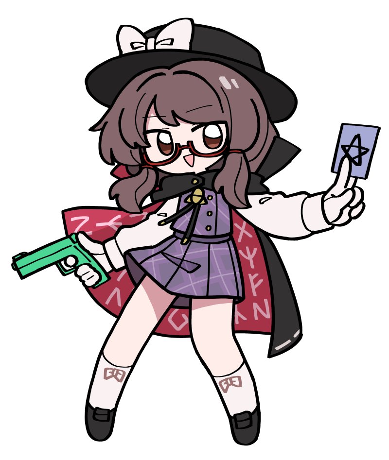 1girl :&gt; :d between_fingers black_cape black_hat black_shoes bow brown_eyes brown_hair cape card full_body glasses gun hat hat_bow holding holding_card holding_gun holding_weapon long_hair long_sleeves low_twintails open_mouth plaid_clothes plaid_skirt plaid_vest puffy_long_sleeves puffy_sleeves purple_skirt purple_vest red-framed_eyewear semi-rimless_eyewear shirt shoes simple_background skirt smile socks solo standing star_(symbol) touhou triangle_mouth twintails unadare under-rim_eyewear usami_sumireko vest weapon white_background white_bow white_shirt white_socks