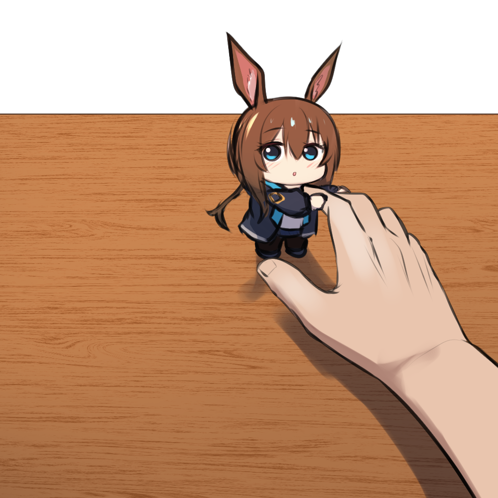 1girl 1other :o akaoni_(zumt3548) amiya_(arknights) animal_ear_fluff animal_ears arknights black_footwear black_jacket blue_eyes blue_skirt blush brown_hair brown_pantyhose commentary_request hair_between_eyes jacket long_hair long_sleeves looking_at_viewer low_ponytail mini_person minigirl open_clothes open_jacket pantyhose parted_lips ponytail puffy_long_sleeves puffy_sleeves rabbit_ears shirt shoes simple_background skirt solo_focus very_long_hair white_background white_shirt