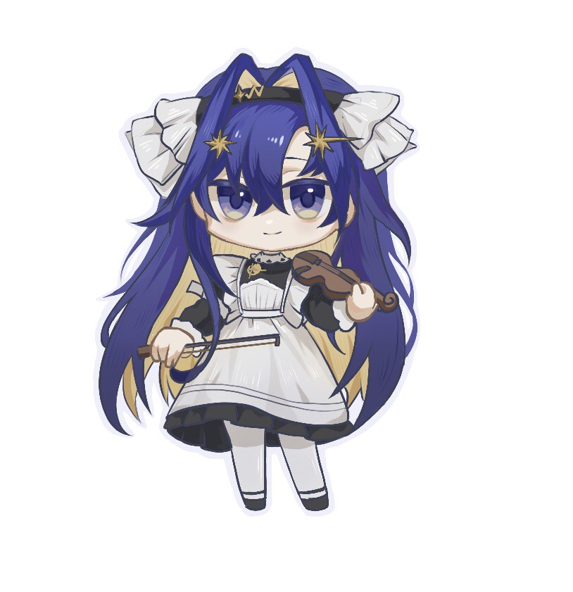 01252574 1girl apron black_dress black_hairband blue_eyes blue_hair bow_(music) chibi chibi_only chinese_commentary closed_mouth commentary_request dress full_body hair_between_eyes hair_intakes hairband holding holding_bow_(music) holding_instrument holding_violin instrument long_hair long_sleeves looking_at_viewer maid maid_apron pantyhose reverse:1999 simple_background smile solo standing very_long_hair violin voyager_(reverse:1999) white_apron white_background white_pantyhose