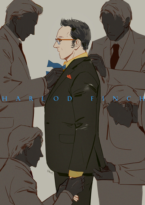 5boys adjusting_clothes adjusting_necktie black_hair character_name chive cowboy_shot dressing_another glasses harold_finch_(person_of_interest) male_focus mature_male multiple_boys necktie no_eyes person_of_interest profile rectangular_eyewear short_hair sideburns simple_background solo_focus
