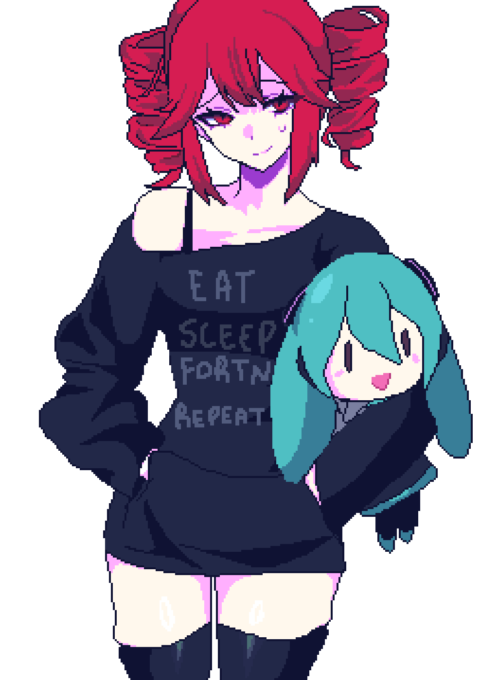 1girl alternate_costume black_hoodie black_thighhighs character_doll commentary cowboy_shot doll drill_hair eat_sleep_rave_repeat english_commentary gamer_shirts_(meme) hands_in_pockets hatsune_miku highres holding holding_stuffed_toy hood hoodie kasane_teto kasane_teto_(utau) looking_at_viewer meme pixel_art pixelcadete red_eyes red_hair short_hair single_bare_shoulder smirk solo standing stuffed_toy sweatdrop thighhighs twin_drills utau