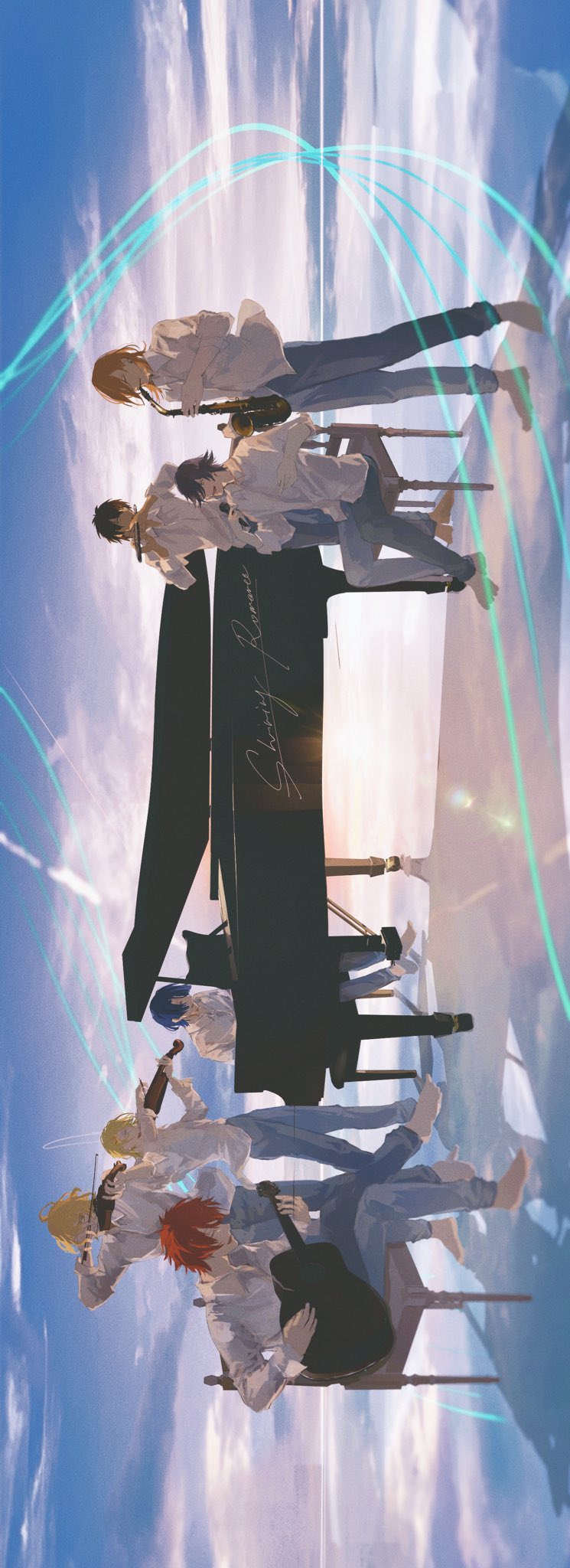 6+boys :d acoustic_guitar aijima_cecil barefoot blonde_hair blue_hair blue_pants bow_(music) brown_hair chair closed_eyes cloud collared_shirt covered_mouth cowlick flute grand_piano green_eyes grey_eyes guitar hair_between_eyes hair_ornament hair_over_one_eye hairclip highres hijirikawa_masato holding holding_bow_(music) holding_microphone ichinose_tokiya instrument ittoki_otoya jinguuji_ren kagesana822 kurusu_shou male_focus medium_hair microphone multiple_boys music open_mouth orange_hair pants parted_lips piano piano_bench playing_instrument playing_piano red_hair saxophone shinomiya_natsuki_(uta_no_prince-sama) shirt short_hair sideways singing sitting sleeves_rolled_up smile song_name standing starish straight_hair sunrise untucked_shirt uta_no_prince-sama viola_(instrument) violin white_shirt
