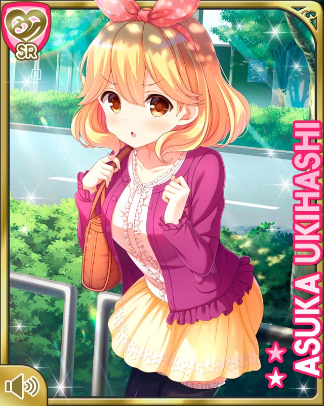 1girl :o bag blonde_hair bow breasts brown_eyes card_(medium) day girlfriend_(kari) hair_bow handbag jacket medium_breasts official_art open_mouth outdoors pink_bow purple_jacket qp:flapper shirt short_hair skirt solo tagme ukihashi_asuka v-shaped_eyebrows white_shirt yellow_skirt