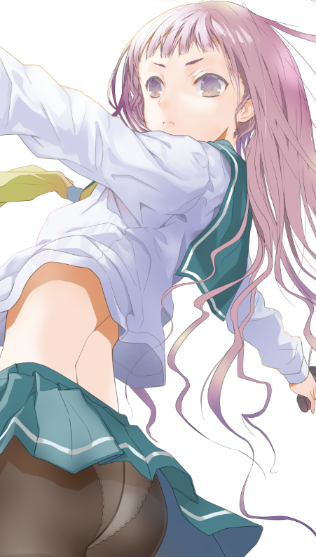 1girl aqua_skirt ass black_pantyhose crotch_seam female_focus fuyuno_haruaki holding long_hair neckerchief original outstretched_arms panties panties_under_pantyhose pantyhose pantyshot pink_hair pleated_skirt purple_eyes school_uniform serafuku simple_background skirt solo underwear upskirt white_background white_panties