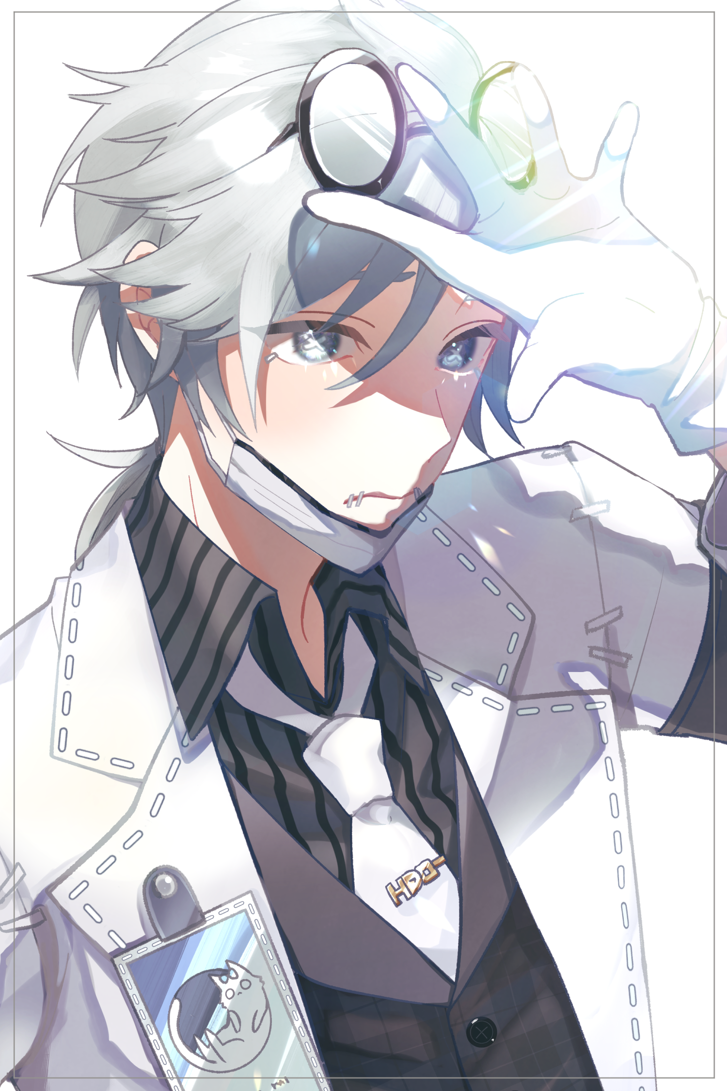 1boy aesop_carl aesop_carl_("gatto") collared_shirt commentary_request cross-shaped_pupils frown gloves grey_eyes grey_hair hair_between_eyes hand_up highres identity_v jacket light_rays long_sleeves looking_at_viewer low_ponytail male_focus mask medium_hair mouth_mask necktie open_clothes open_jacket ponytail shirt solo stitched_mouth stitches striped_clothes striped_shirt symbol-shaped_pupils toruteeya upper_body vertical-striped_clothes vertical-striped_shirt white_gloves white_jacket white_necktie
