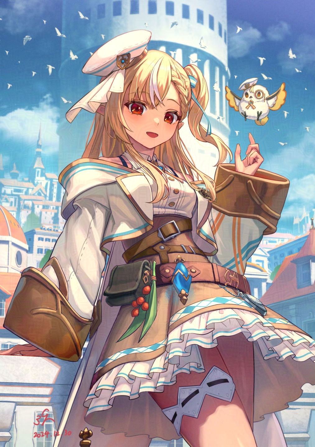1girl arm_support badge belt_pouch berry bird blonde_hair braid braided_bangs brooch brown_eyes building coattails collared_shirt commentary_request cowboy_shot cropped_jacket dark-skinned_female dark_elf dark_skin dated dress_shirt elf elfriend_(shiranui_flare) fantasy frilled_skirt frilled_thigh_strap frills hat high-waist_skirt highres hololive jewelry lapels layered_skirt leather_belt light_blush long_hair long_sleeves looking_at_viewer open_mouth outdoors pigeon pointy_ears potion pouch road sailor_hat sakumichi shiranui_flare shiranui_flare_(reality_fantasy) shirt side_ponytail signature skirt sleeveless sleeveless_shirt smile solo street tan thigh_peek thigh_strap tilted_headwear virtual_youtuber white_hair