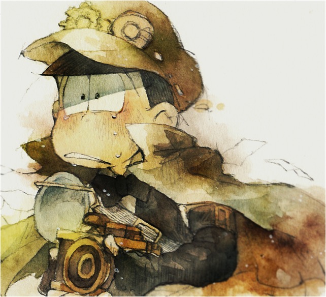 1boy alternate_costume arm_belt belt belt_buckle black_belt black_bow black_bowtie black_eyes black_gloves black_hair black_jacket blazer blunt_bangs bow bowtie brown-framed_eyewear brown_cape brown_hat buckle cabbie_hat camera cape collared_cape collared_shirt commentary_request crying crying_with_eyes_open fingerless_gloves floating_cape frown gloves goggles goggles_on_headwear hat high_collar holding holding_camera horrified jacket light_blush long_sleeves male_focus matsuno_choromatsu momiji_(lucario) open_mouth osomatsu-san osomatsu_(series) painting_(medium) round_eyewear shirt short_hair solo teardrop tears teeth traditional_bowtie traditional_media triangle_mouth upper_body v-neck watercolor_(medium) white_shirt wide-eyed