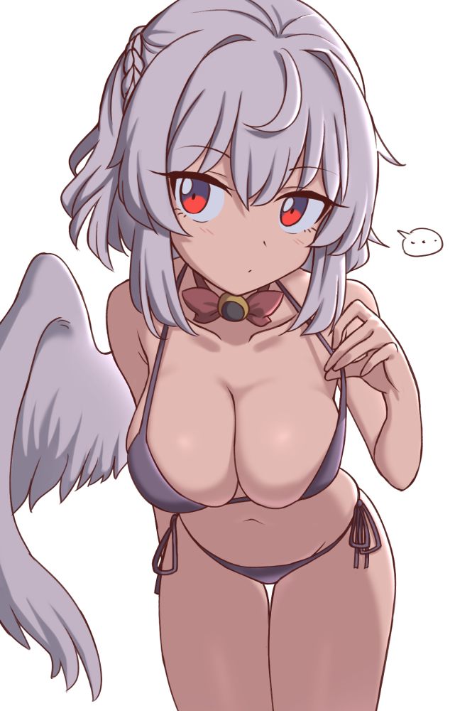 ... 1girl bikini breasts cachemerro cleavage feathered_wings gradient_eyes kishin_sagume multicolored_eyes purple_bikini single_wing solo speech_bubble swimsuit touhou white_background wings