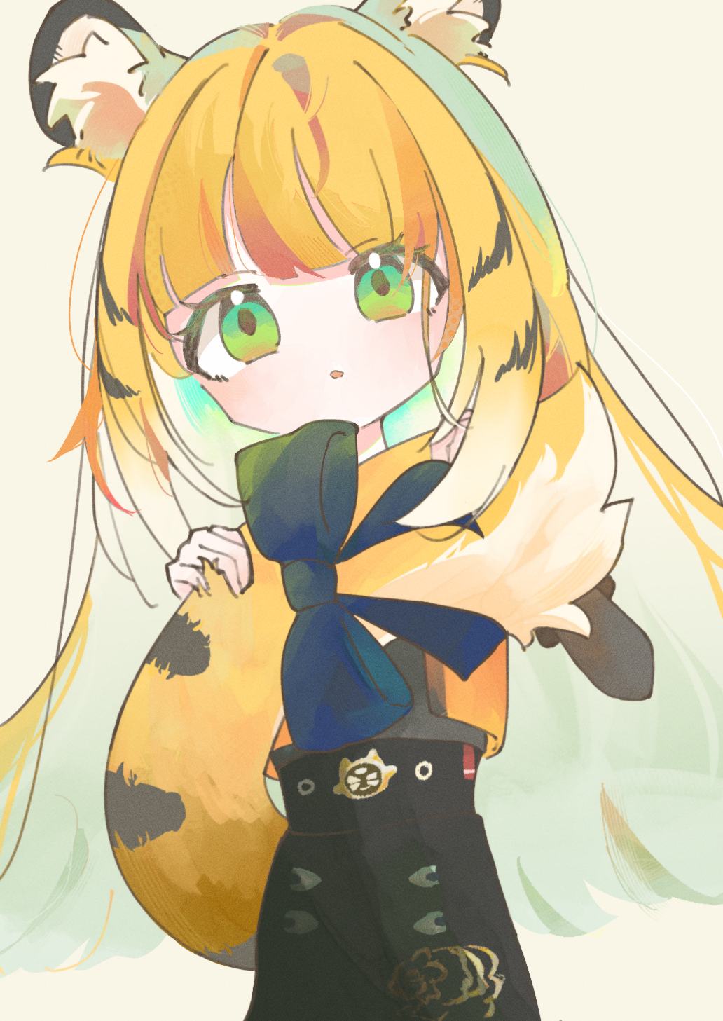 1girl animal_ear_fluff animal_ears blonde_hair blur_censor censored covered_groin green_eyes high-waist_shorts highres jacket ju_fufu long_hair looking_at_viewer orange_fur purring shorts smile solo striped_fur striped_hair tail tail_ornament tiger_ears tiger_girl tiger_tail user_tcen3875 zenless_zone_zero