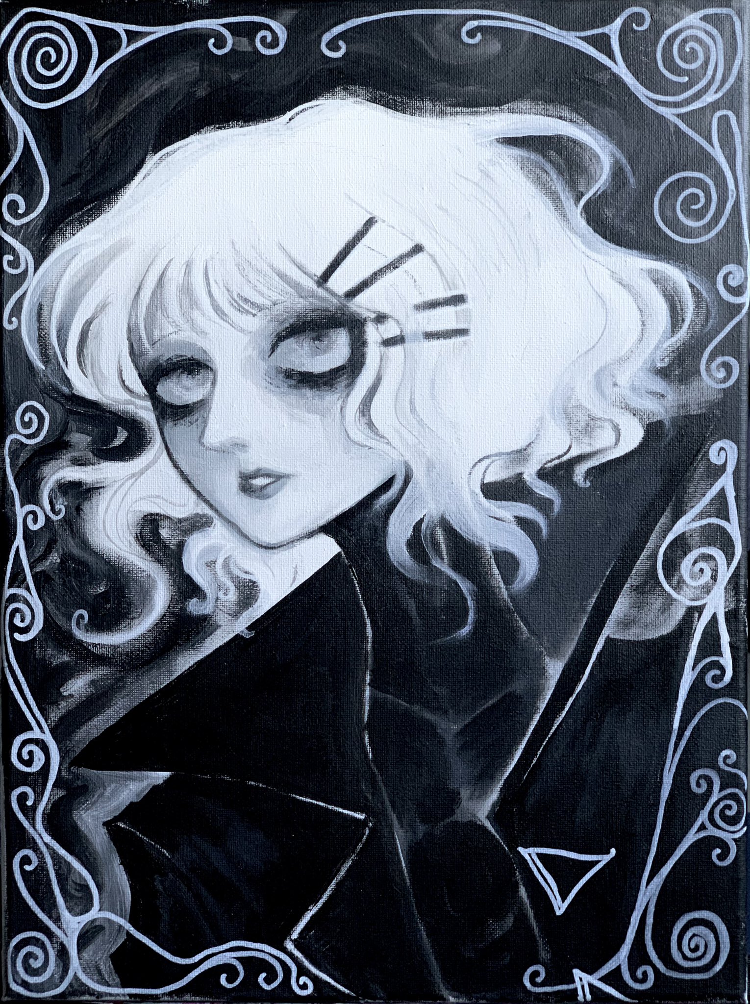 1girl android black_background bodysuit bodysuit_under_clothes border buttons coat commentary crimescenepartz eyeshadow floating_hair greyscale hair_ornament hairclip hashtag-only_commentary highres inset_border lips long_neck looking_at_viewer makeup marie_(peripeteia) monochrome nose open_clothes open_coat ornate_border outer_glow painting_(medium) parted_lips peripeteia portrait short_hair solo traditional_media trench_coat triangle_button turning_head white_hair