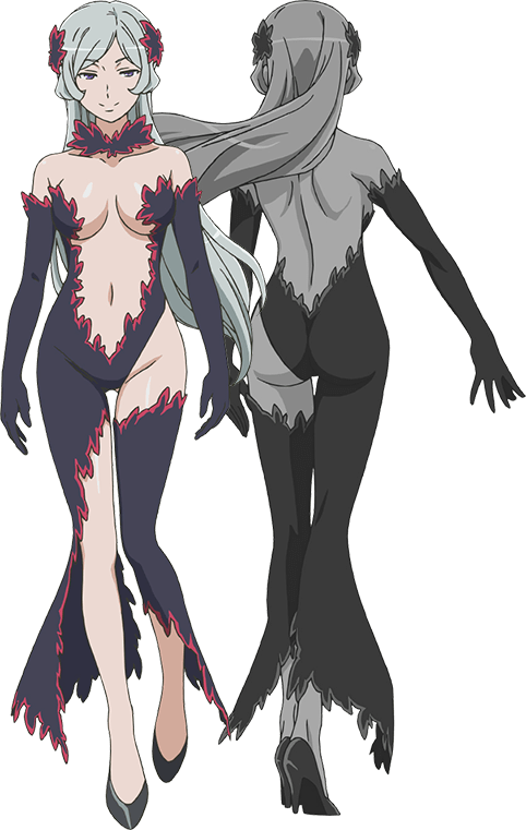 2girls anime_coloring ass back bare_shoulders black_gloves breasts center_opening closed_mouth collarbone dress dungeon_ni_deai_wo_motomeru_no_wa_machigatteiru_darou_ka elbow_gloves freya_(danmachi) full_body gloves grey_hair hair_ornament high_heels kimoto_shigeki large_breasts long_hair looking_at_viewer monochrome multiple_girls multiple_views navel official_art purple_eyes revealing_clothes sideless_dress simple_background smile standing thighs transparent_background