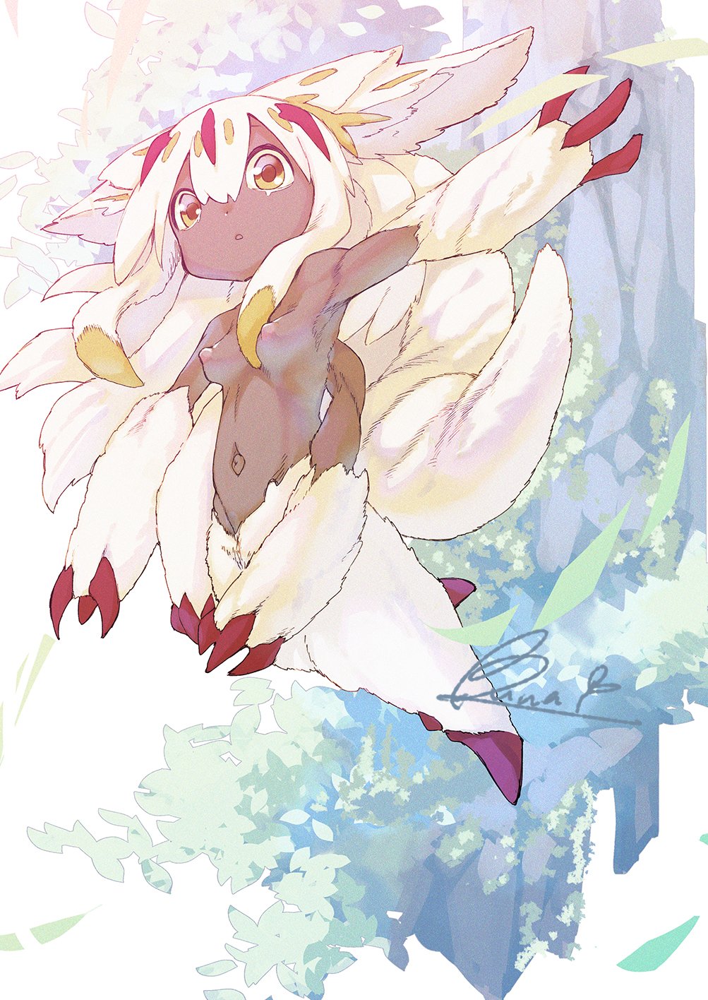 1girl body_fur breasts buna_(beech_forest) commentary_request dark-skinned_female dark_skin extra_arms faputa fewer_digits full_body highres jumping long_hair looking_at_viewer made_in_abyss monster_girl navel nipples open_mouth outie_navel plant small_breasts solo white_fur white_hair yellow_eyes