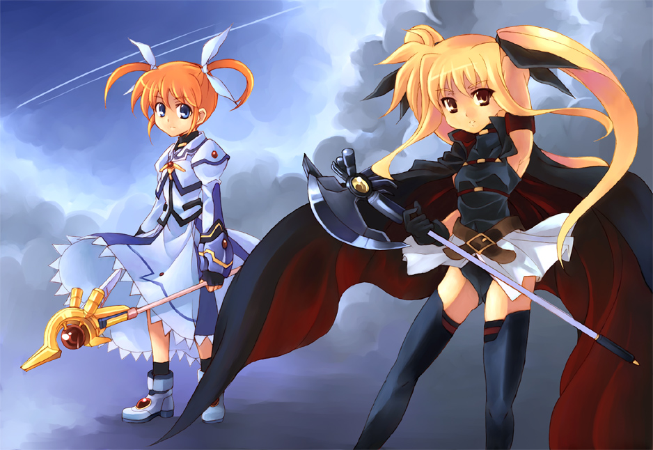 10s 2girls axe bad_id bad_pixiv_id bardiche_(axe_form)_(nanoha) bardiche_(nanoha) blonde_hair blue_eyes fate_testarossa fate_testarossa_(movie_1st_form) kouno_hikaru lyrical_nanoha mahou_shoujo_lyrical_nanoha mahou_shoujo_lyrical_nanoha_the_movie_1st multiple_girls raising_heart raising_heart_(device_mode)_(1st) takamachi_nanoha takamachi_nanoha_(movie_1st_mode) thighhighs weapon