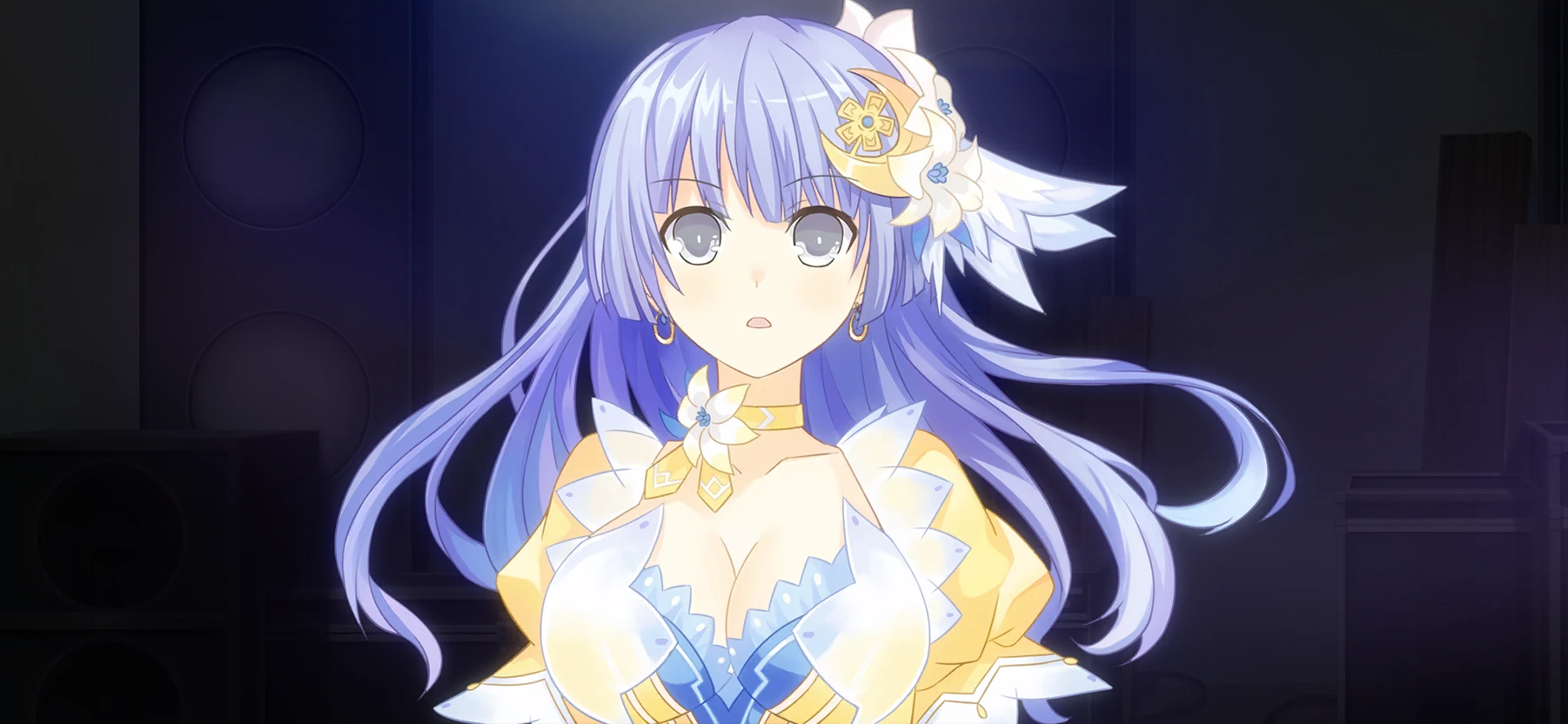 1girl blue_eyes blue_hair breasts cleavage collarbone crescent crescent_hair_ornament date_a_live date_a_live:_spirit_pledge dress earrings flower game_cg hair_flower hair_ornament highres indoors izayoi_miku jewelry large_breasts long_hair official_art open_mouth puffy_short_sleeves puffy_sleeves short_sleeves solo speaker spotlight third-party_source yellow_dress