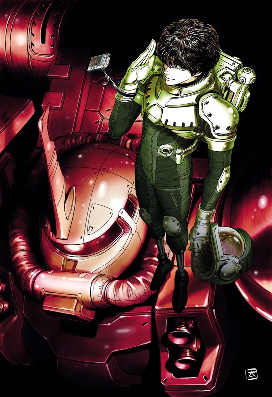 1boy black_hair daryl_lorenz from_above glowing glowing_eye green_eyes gundam gundam_thunderbolt unworn_headwear helmet unworn_helmet holding holding_helmet horns male_focus mecha mobile_suit official_art ohtagaki_yasuo one-eyed pilot_suit prosthesis prosthetic_leg red_eyes robot salute science_fiction single_horn zaku_ii_(reuse_p_device) zeon