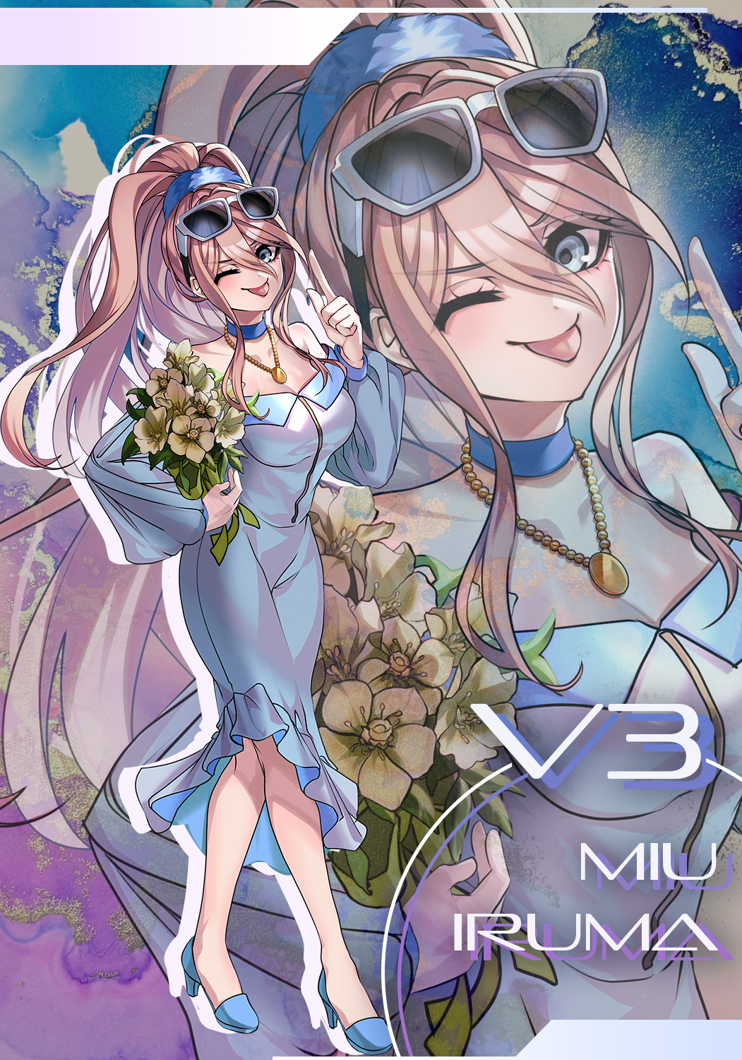 1girl bare_shoulders blonde_hair blue_dress blue_eyes blush bouquet breasts character_name choker cleavage commentary_request danganronpa_(series) danganronpa_v3:_killing_harmony dress eyelashes eyewear_on_head flower full_body hair_between_eyes high_heels high_ponytail highres holding holding_bouquet iruma_miu jewelry large_breasts long_hair long_sleeves looking_at_viewer necklace nota_sayaka official_alternate_costume official_alternate_hairstyle one_eye_closed ponytail smile solo standing sunglasses tongue tongue_out very_long_hair white_flower