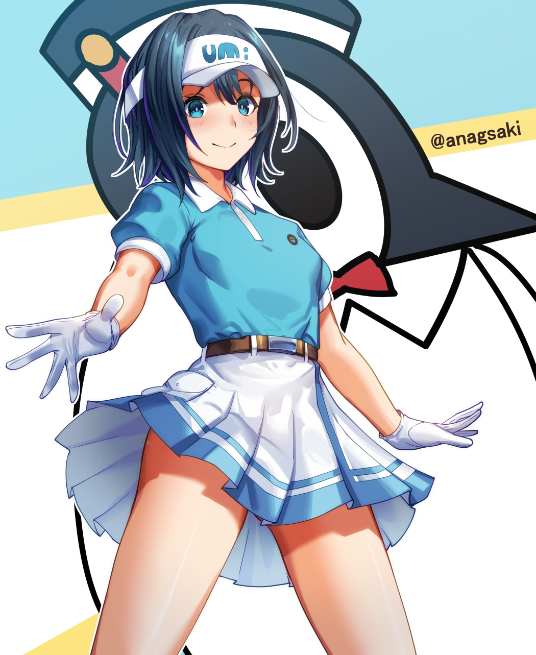 1girl aoba_minami aona_(anagasaki) belt bird blue_eyes blue_hair blue_shirt blush closed_mouth collared_shirt commentary_request gloves golf hair_between_eyes highres penguin pleated_skirt shirt short_hair skirt smile solo sorairo_utility standing thighs twitter_username visor_cap white_gloves white_skirt