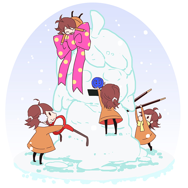 &gt;_&lt; :&gt; :d bow buttons chibi closed_eyes colorized commentary food glasses higuchi_(trigger) multiple_girls official_art open_mouth pocky polka_dot polka_dot_bow polka_dot_ribbon promotional_art ribbon seaweed simple_background smile snow snowman trigger_(company)