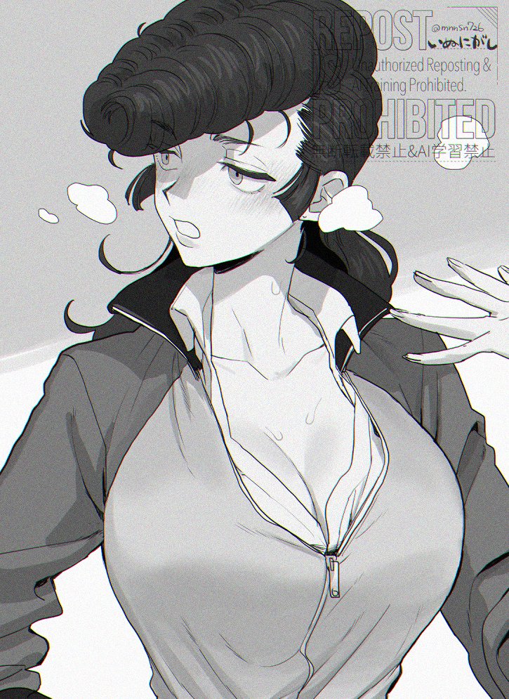1girl breasts cleavage girls_und_panzer grey_background greyscale jacket katsuoboshi keizoku_military_uniform keizoku_school_uniform large_breasts long_hair monochrome mullet pompadour school_uniform steam steaming_body tanker_jacket track_jacket yuri_(girls_und_panzer)