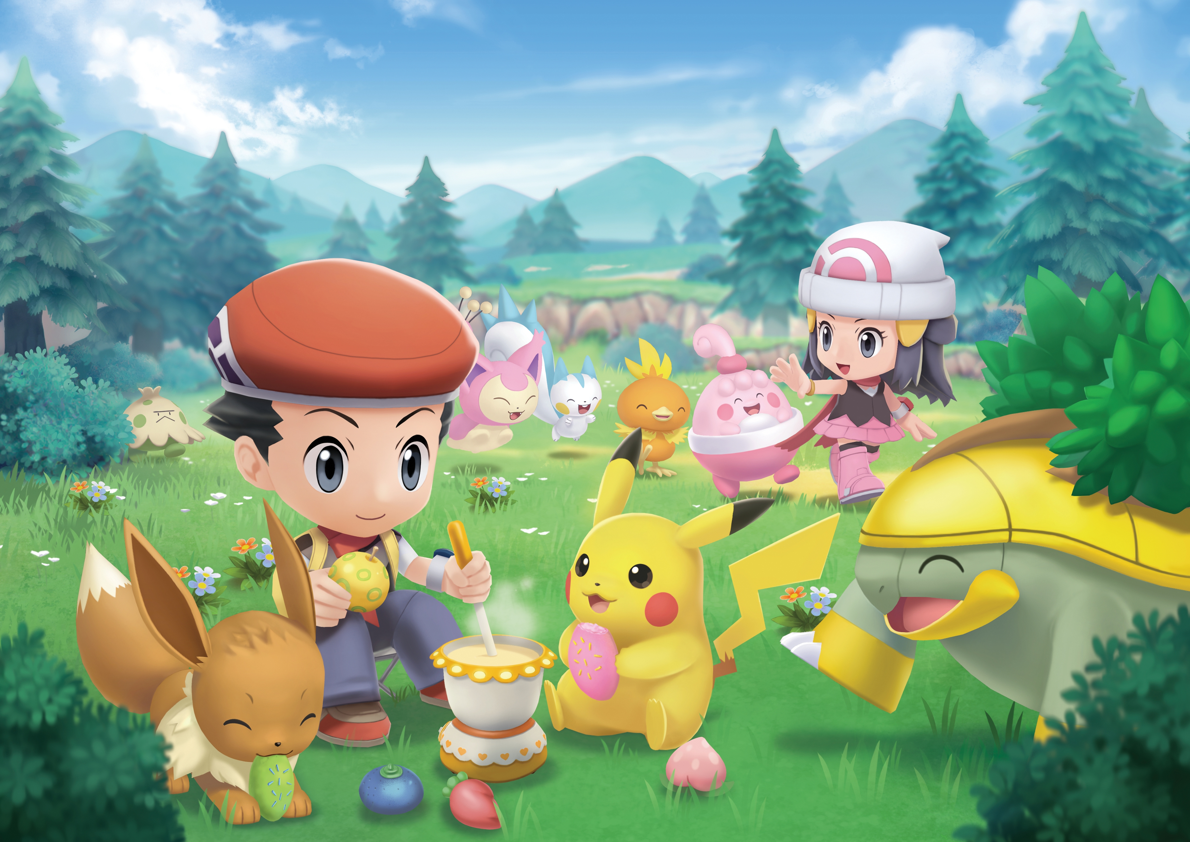 1boy 1girl :d absurdres artist_request backpack bag beanie berry_(pokemon) boots bracelet bush chibi closed_mouth cloud dawn_(pokemon) day eating eevee eyelashes following gen_1_pokemon gen_3_pokemon gen_4_pokemon grass grey_eyes grotle hair_ornament hairclip happiny hat highres holding jewelry lucas_(pokemon) nintendo official_art open_mouth outdoors pachirisu pants pikachu pink_boots pink_skirt pokemon pokemon_(creature) pokemon_bdsp scarf second-party_source shirt shoes short_hair shroomish sitting skirt skitty sky sleeveless sleeveless_shirt smile standing tongue torchic tree yellow_bag