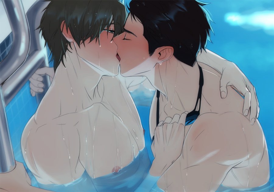 2boys bara black_hair blush brown_hair couple closed_eyes free! french_kiss goggles goggles_around_neck green_eyes high_speed! kiss large_pectorals looking_at_another male_focus multiple_boys muscular muscular_male nipples partially_submerged pectorals pool riffraffhellyea short_hair sideburns tachibana_makoto tongue tongue_out water wet wet_hair yamazaki_sousuke yaoi