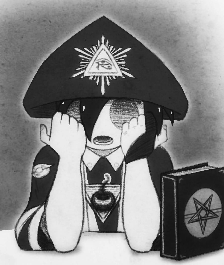 1boy aleister_crowley allister_(pokemon) book commentary_request empty_eyes eye_of_horus grey_background greyscale gym_leader hands_up hat male_focus monochrome name_connection nintendo occult open_mouth parody pentagram pokemon pokemon_swsh short_hair solo table teer triangle