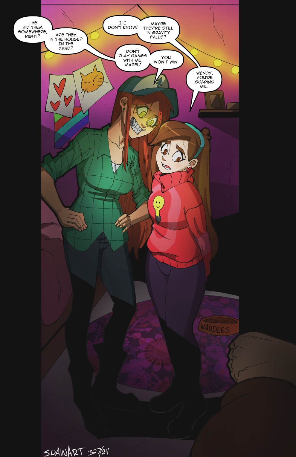 2girls bill_cipher blue_hat blue_pants brown_eyes brown_hair dated earrings english_text gravity_falls green_eyes green_shirt grin hands_on_own_hips hat heart heart_earrings highres indoors jewelry long_hair mabel_pines multiple_girls pants pink_sweater possessed print_sweater shirt signature smile speech_bubble swain_(artist) sweater two-tone_hat wendy_corduroy white_hat